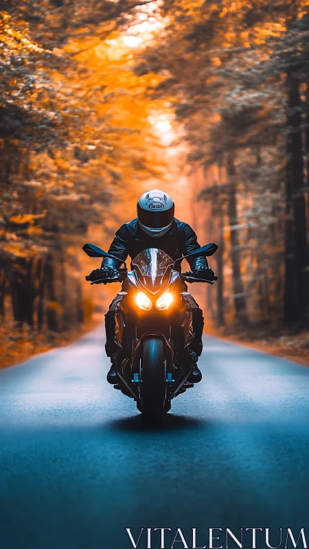 Motorcyclist rides through cinematic orange forest tunnel.