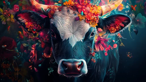 Chromatic bovine portrait with floral corona and vectorial strokes.