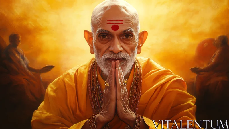 Elderly Hindu guru in saffron robes with namaste gesture, halos