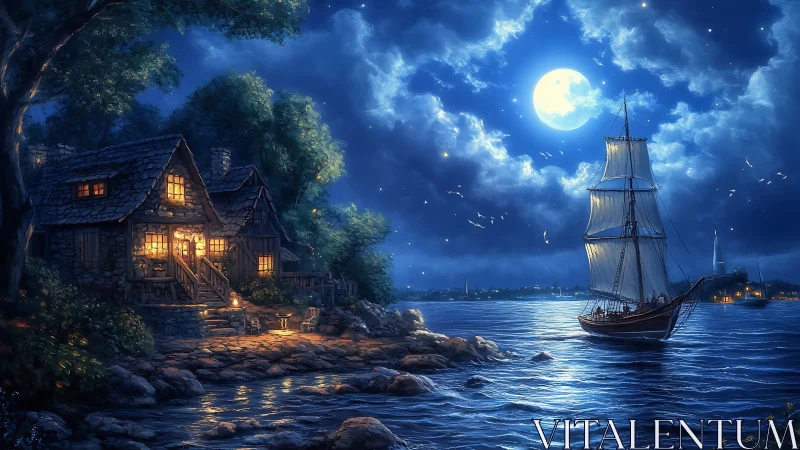 Moonlit coastal cottage and brig under luminous night sky