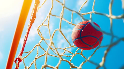 Basketball captured mid-drop through outdoor hoop net under daylight