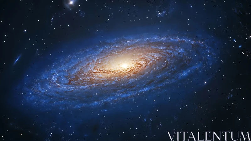 Golden heart of a swirling blue spiral galaxy in space.