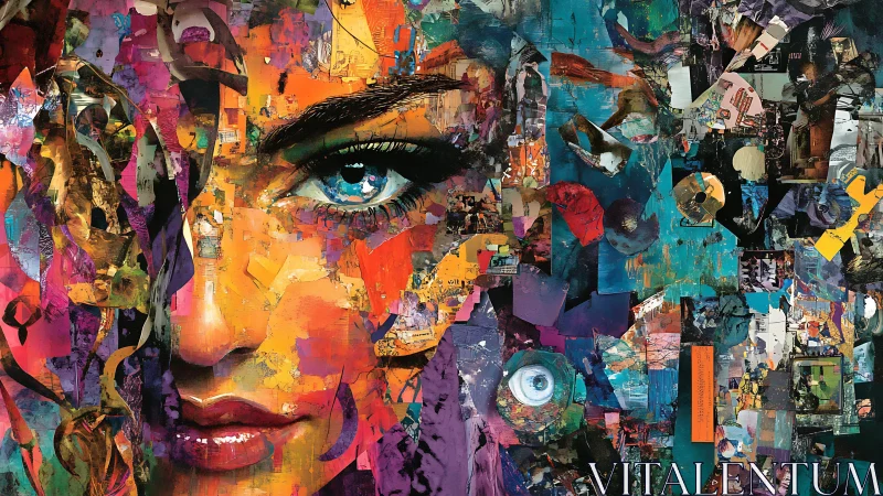 Fragmented female portrait in multicolored abstract collage.