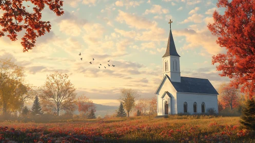 Country chapel amid glowing autumn meadow and sunrise sky.