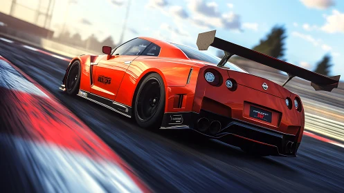 Widebody orange track-spec Nissan GT-R with aero kit in motion