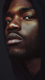 Close cropped portrait shows hooded man lit from one side