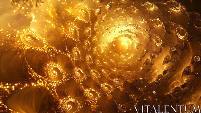 Golden fractal vortex expands inward with luminous spiral clusters
