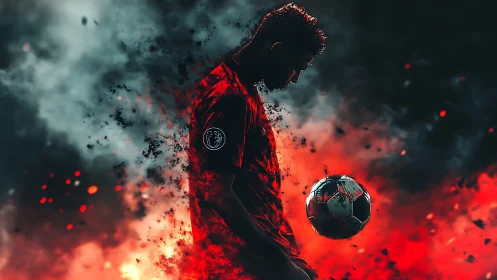 Silhouetted footballer with ball amid red and dark smoke.