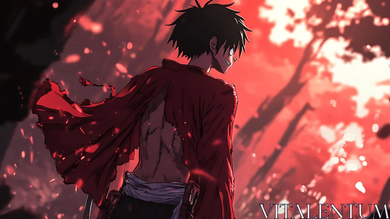 Scarred warrior strides through burning crimson forest.