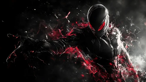 Shadow-clad cyber warrior lunging through red energy storm.