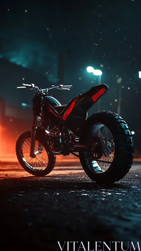 Neon backlit dirt bike with wet asphalt reflections and bokeh haze