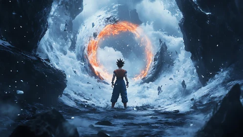Saiyan warrior before fiery portal in frozen canyon.