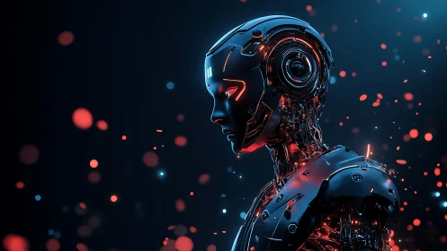 Futuristic android profile glows amid neon sparks of data