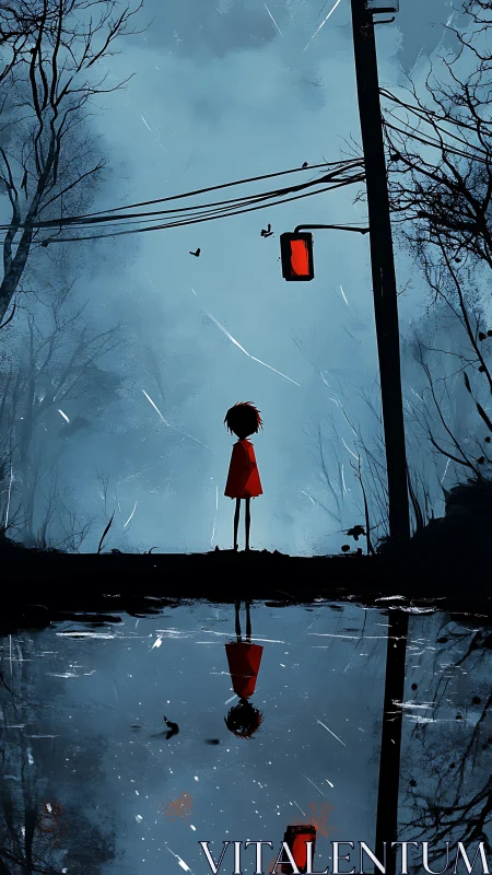Solitary child under red signal rendered in moody digital minimalism