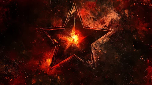 Burning red star erupts through dark textured void.