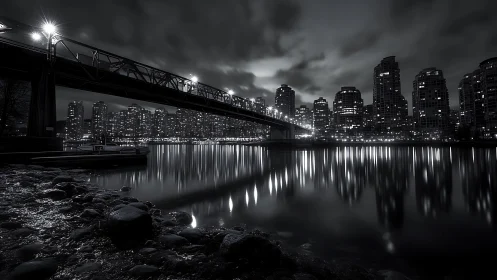 Noir city waterfront skyline under bridge reflections.