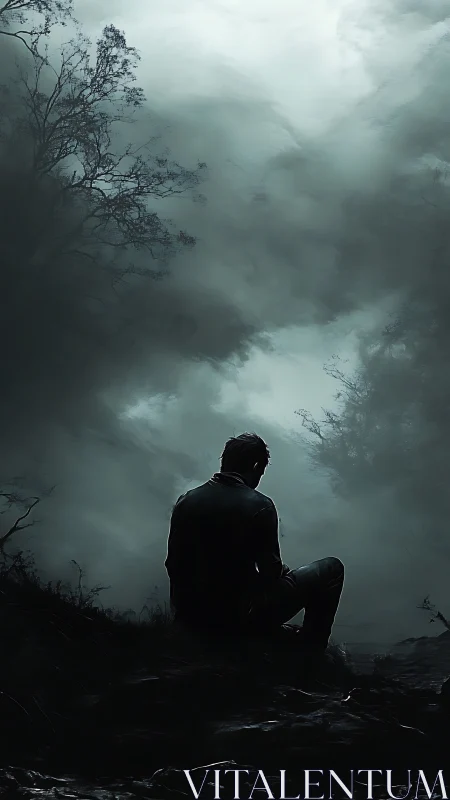 Digital painting of solitary figure in stormy atmospheric landscape.