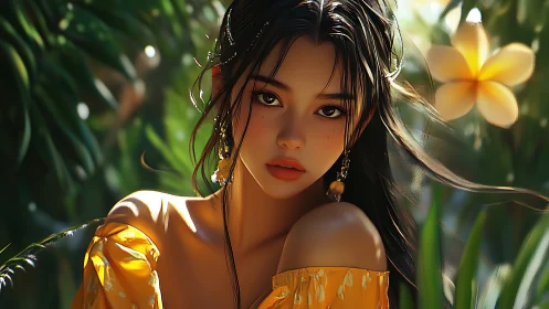 Sunlit tropical portrait of woman in golden dress bloom.