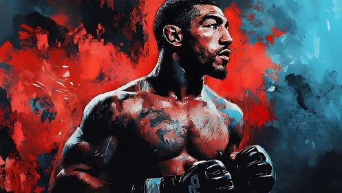Shirtless Male Figure with Boxing Gloves Against Red and Blue