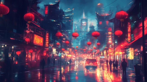 Red lantern lights welcome night strolls through neon rain