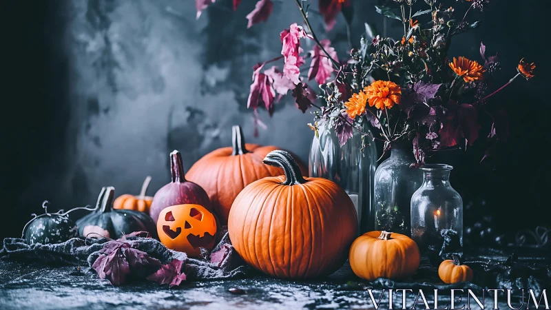 Moody pumpkin still life with candles and autumn florals.