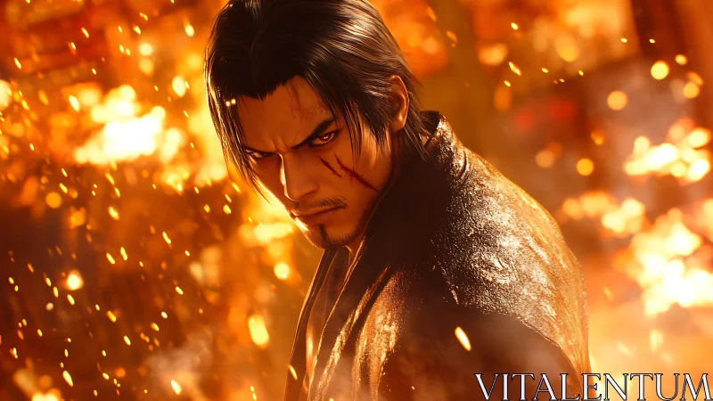 Scarred fire-walker glare amid golden embers in revolt.