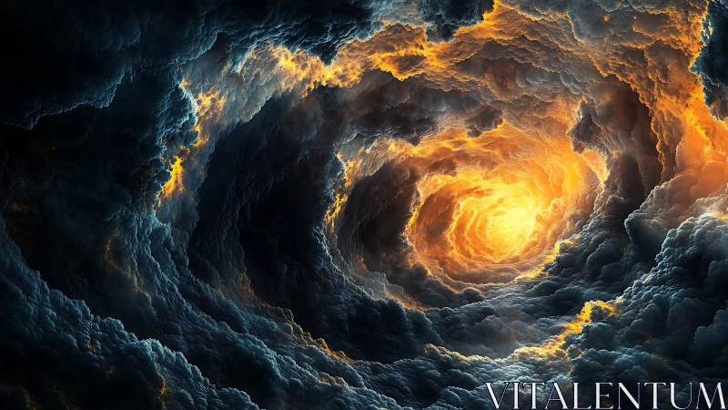 Fiery vortex of storm clouds spirals into glowing abyss.