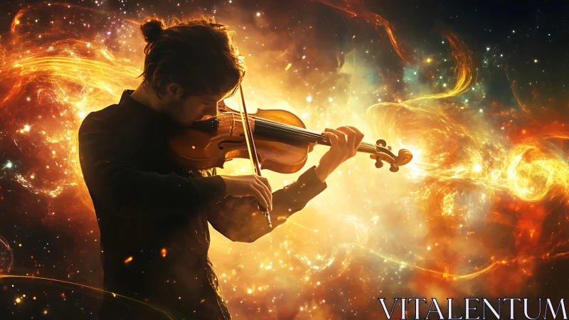 Violinist silhouette set against luminous cosmic nebula backdrop.