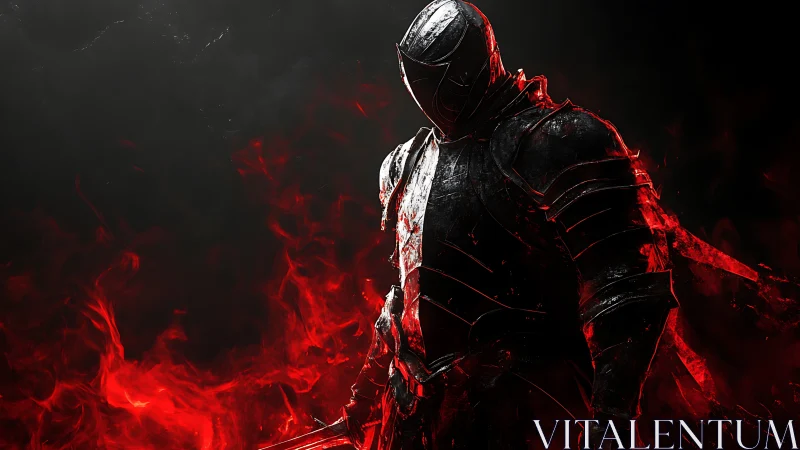 Dark armored knight emerges from swirling red flames.
