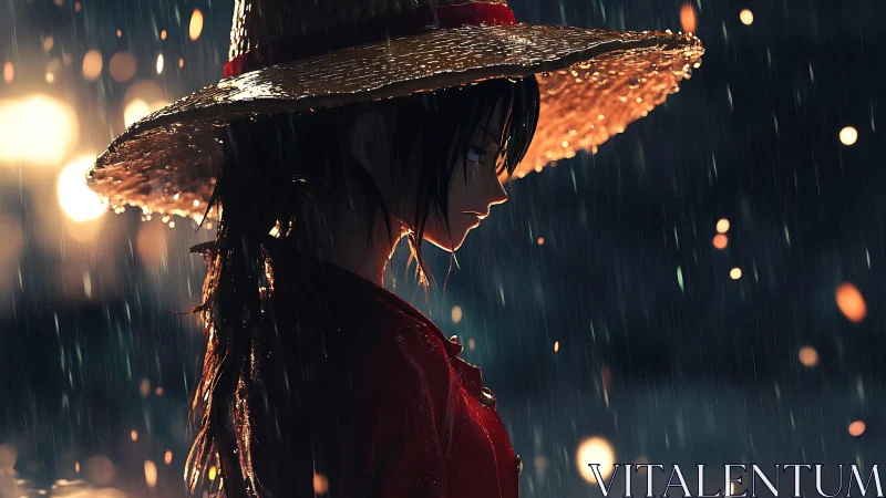 Straw hat wanderer pausing in rainlit night calm.