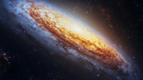 Spiral galaxy core glows with golden ionized star clouds.