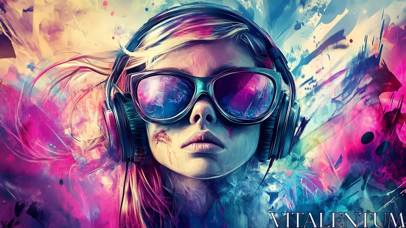 Chromatic audio-portrait of headphone-clad girl in neon field.