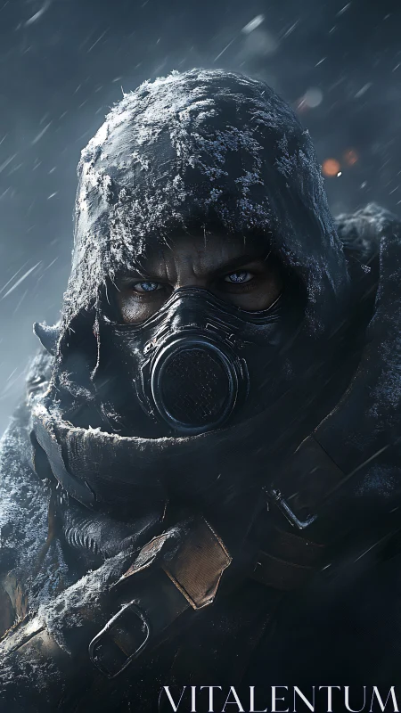 Stoic winter survivor braving a hostile frozen storm.