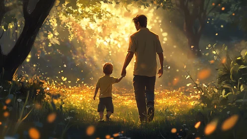 Sunlit forest path with father and child walking hand in hand.