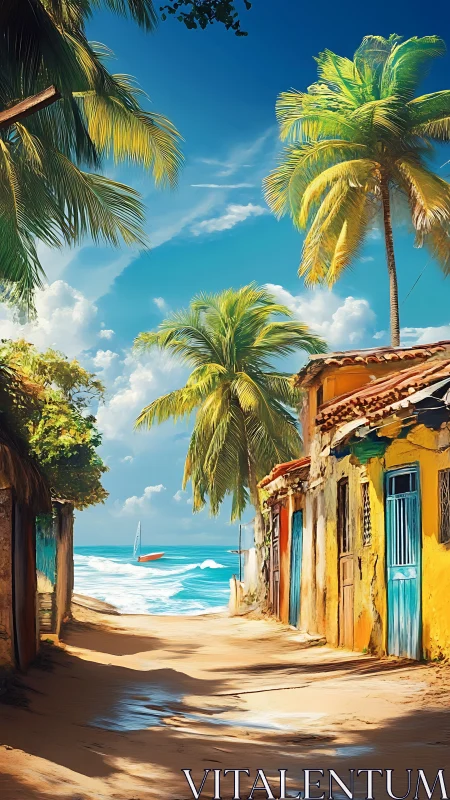 Digital painting of sunlit coastal alley with palm canopy.