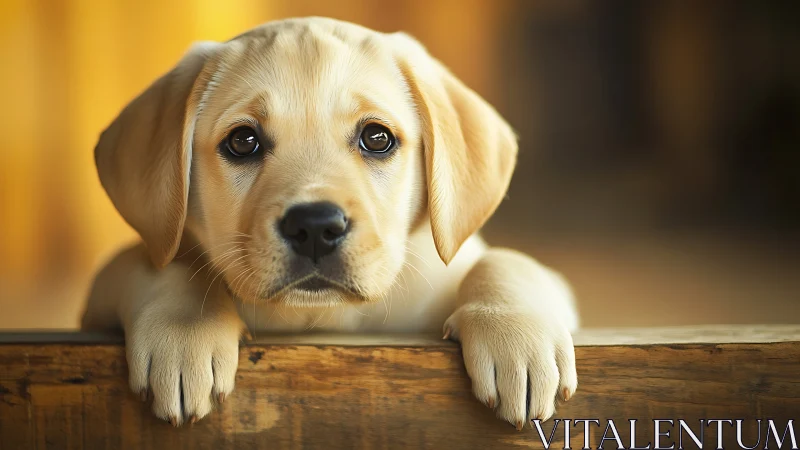 Yellow labrador puppy resting paws on wooden surface.