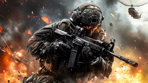 High-intensity tactical operator in explosive urban firefight.