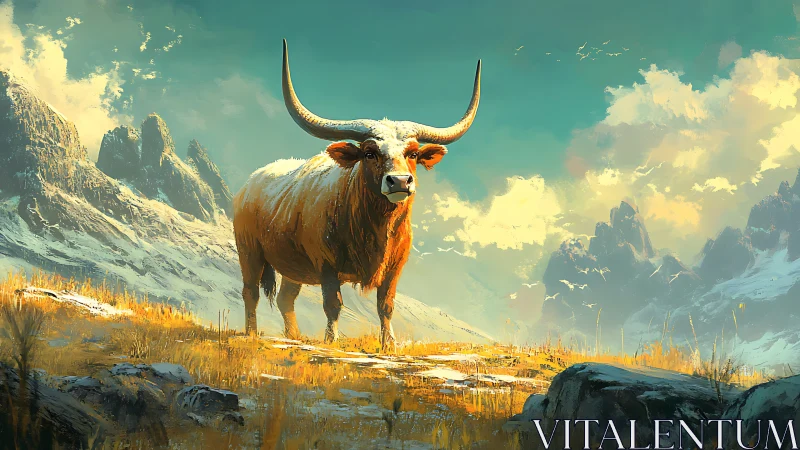 Horned bull standing in vivid mountain valley landscape.