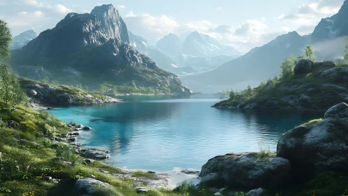 Mountain lake landscape with clear water and rocky slopes.