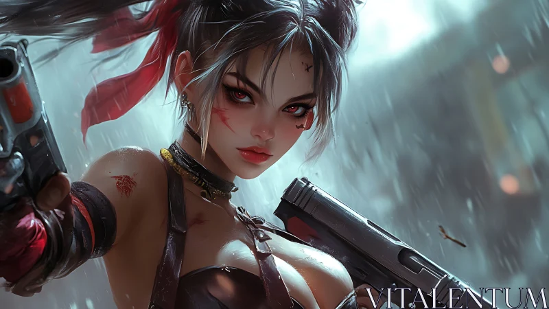 Fierce gunfighter heroine confronts enemies in driving rain