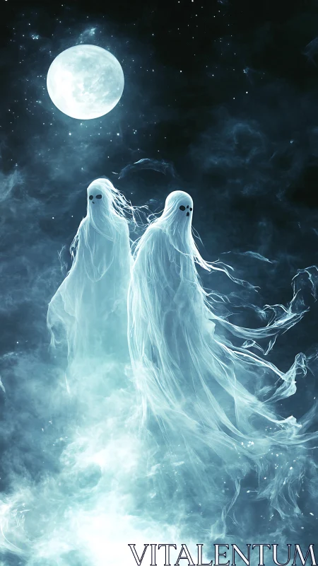 Two translucent ghosts drift beneath a bright full moon