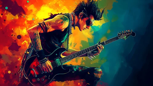 Electric guitarist rendered in saturated digital color contrast