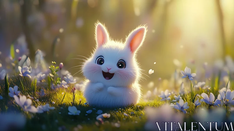 Cute white bunny sitting in sunny flower meadow scene.