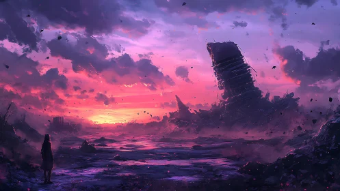 Lone figure facing collapsed tower in vivid wasteland sky.