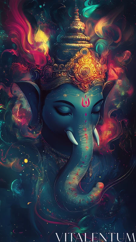 Mythic Ganesha portrait in luminous nebula-like chromatic haze