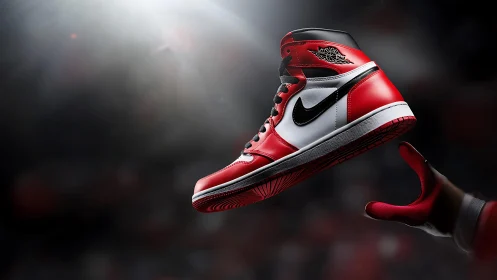 Iconic red high-top sneaker caught in a spotlight moment.