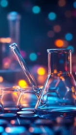 Laboratory glassware glows under vibrant bokeh lights at night