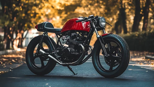 Crimson café racer idles bold amid sunlit autumn hush.