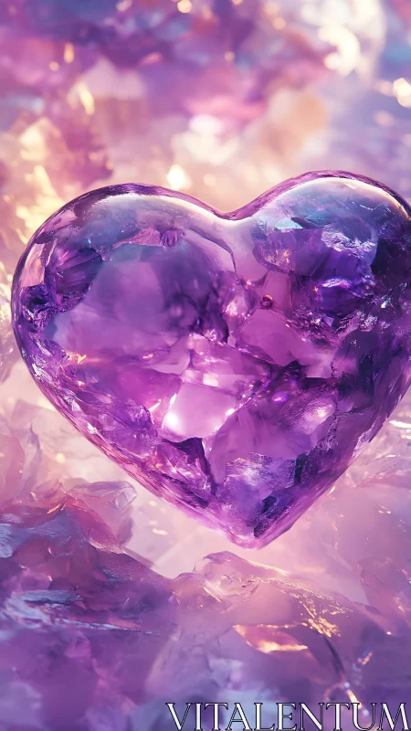 Translucent amethyst heart form with volumetric light refraction and crystalline surface geometry