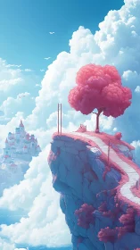 Daydream path to a pink tree above the cloud kingdom.